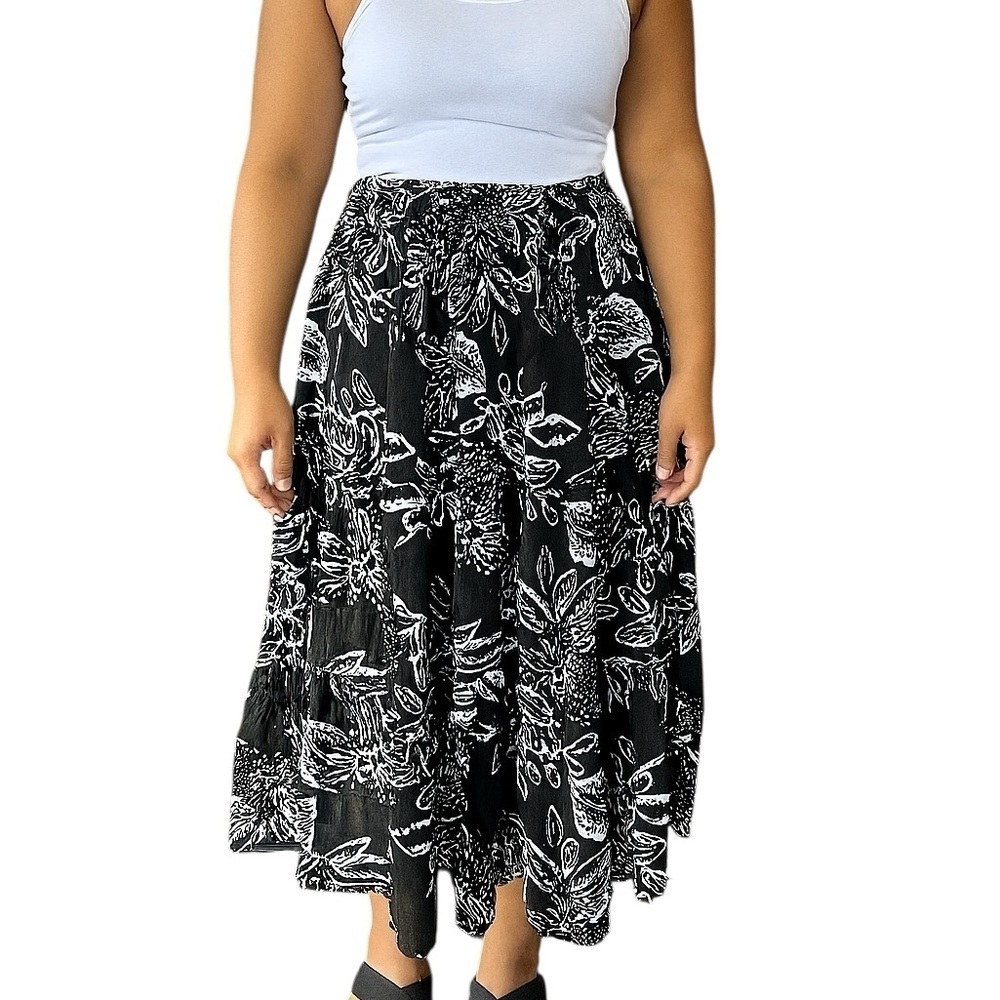 Jane Ashley Medium Black Midi Prairie Skirt Beach Boho Elastic Waist 100% Cotton